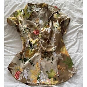 Allison Taylor Vintage Y2K Delicate Timeless Brown Green Floral Satin Blouse